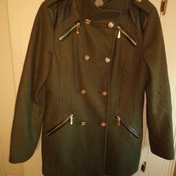 NWOT VINCE COMUTO Military-Style Wool Pea Coat W's L Army Green Gold Buttons - Picture 1 of 16